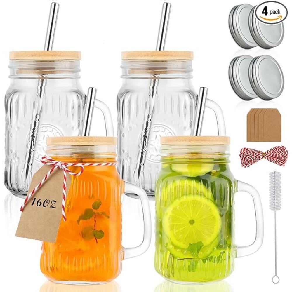 16 oz Glass  Mason Jar Cups with Handles, Lids and Straws- Set of 4